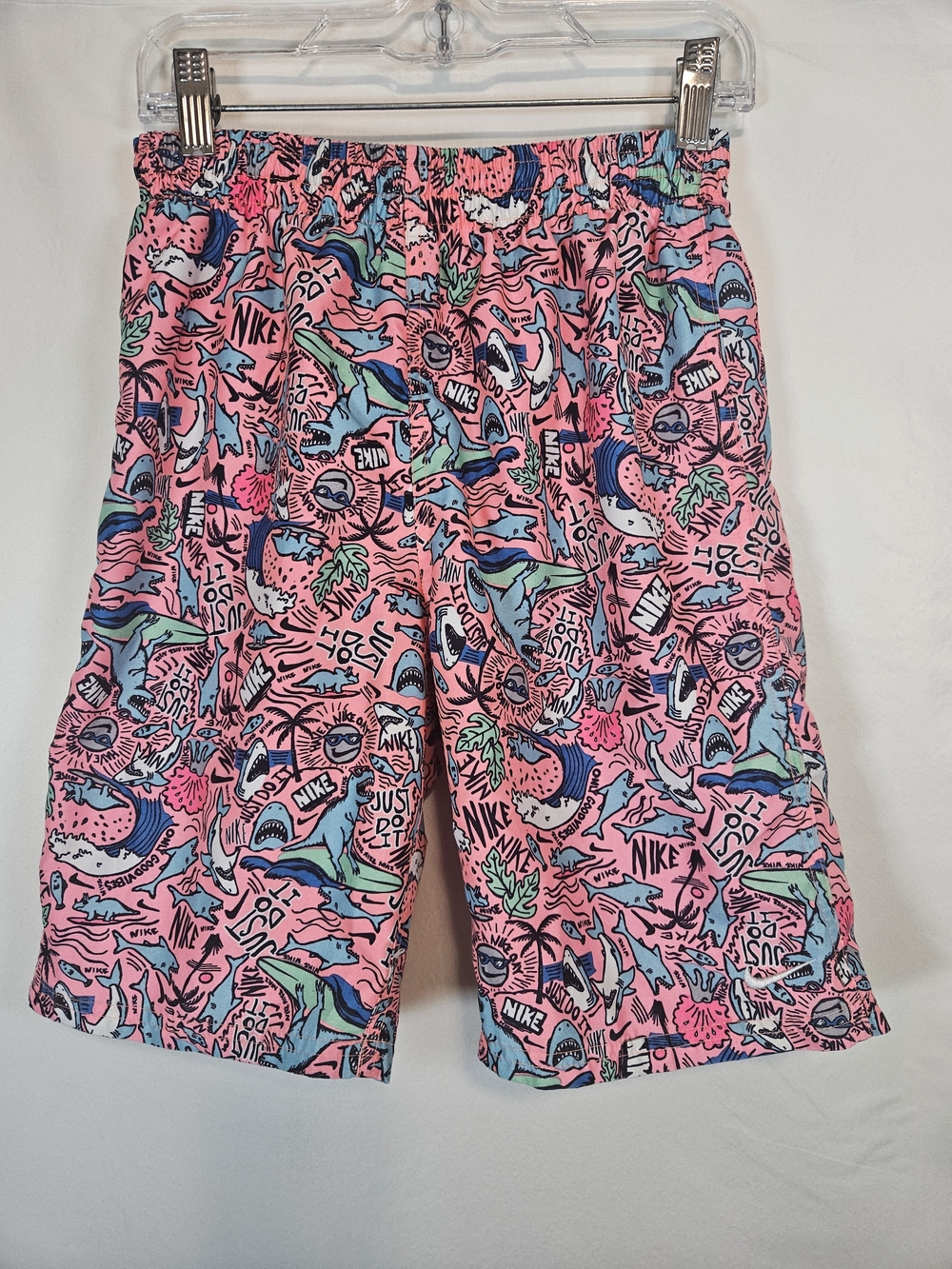 Nike Kids Pink Graphic Swim Trunks with Shark Print
